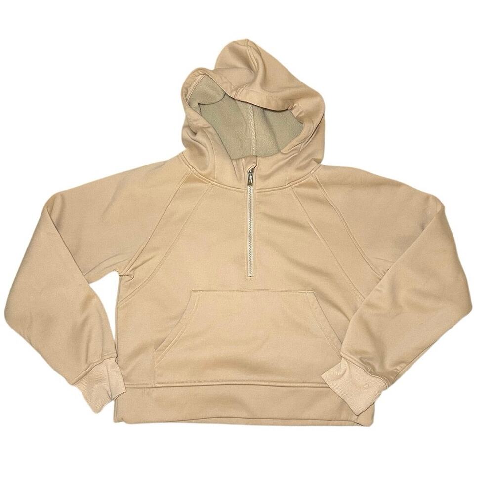 LASLULU Soft Fleece Hoodie Thumbholes Kangaroo Pocket Tan Medium Womens Half Zip